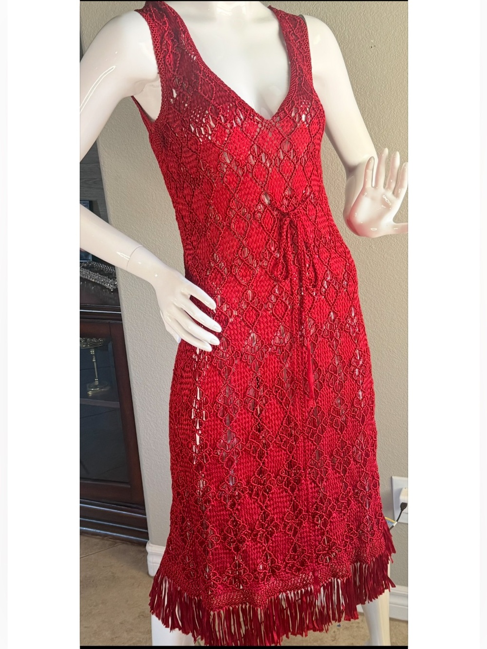 Red Crochet Fringe V-Neck Dress S